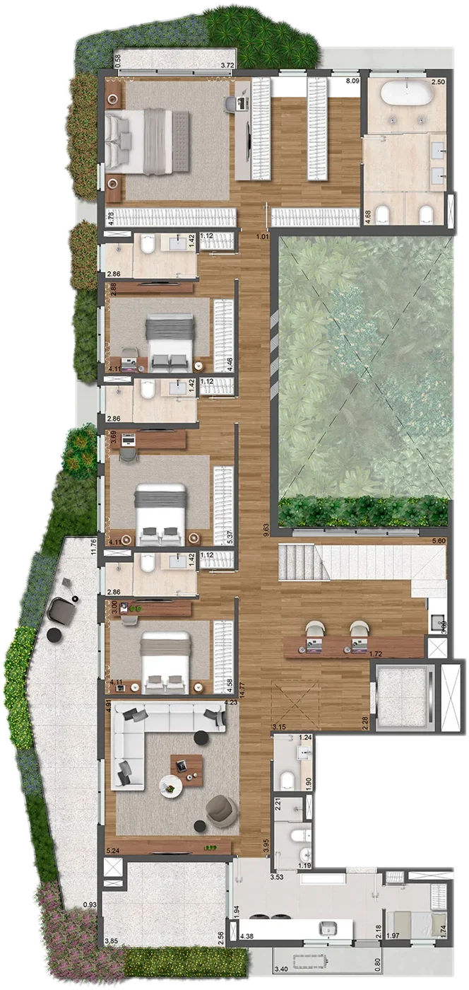 Planta da Cobertura de 494m², pavimento inferior, Torre Marmo