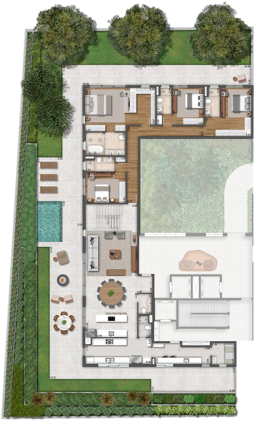 Planta do Garden de 706m², térreo, Torre Marmo