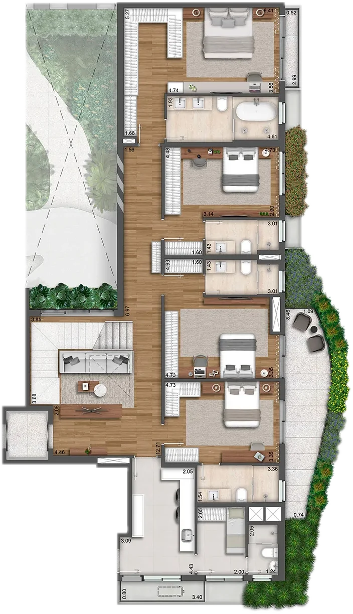 Planta da Cobertura de 379m², pavimento inferior, Torre Rocca