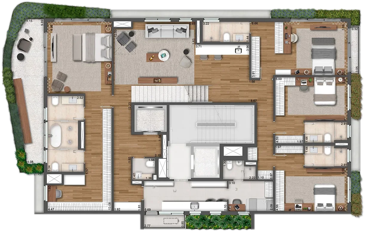 Planta da Cobertura de 534m², pavimento inferior, Torre Rocca
