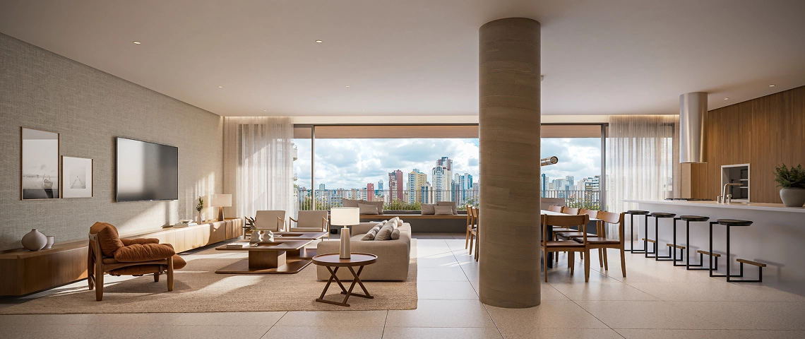 Living com pilar redondo e vista da cidade no ZAHI Taunay