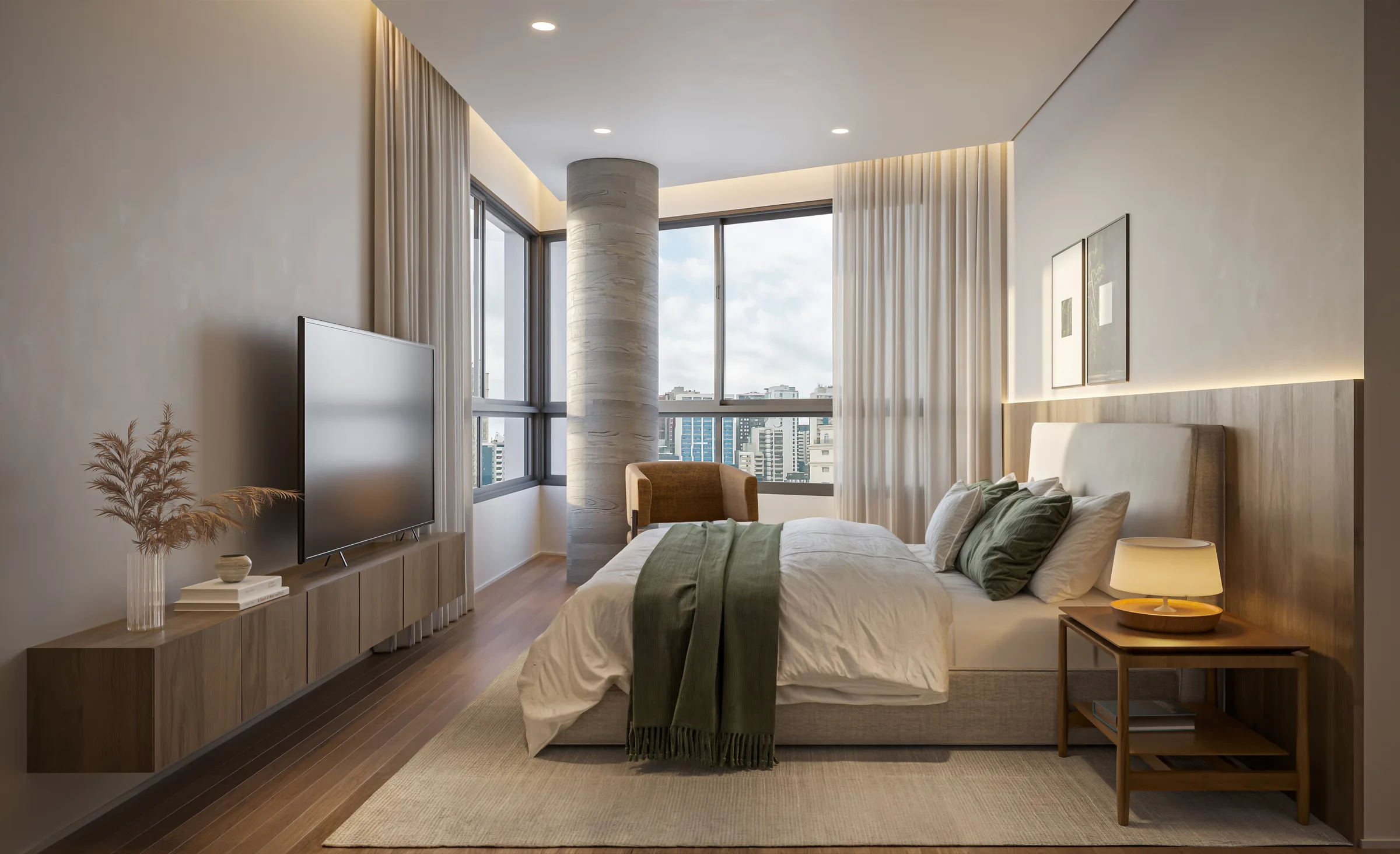 Suíte com TV e cama no duplex do ZAHI Taunay