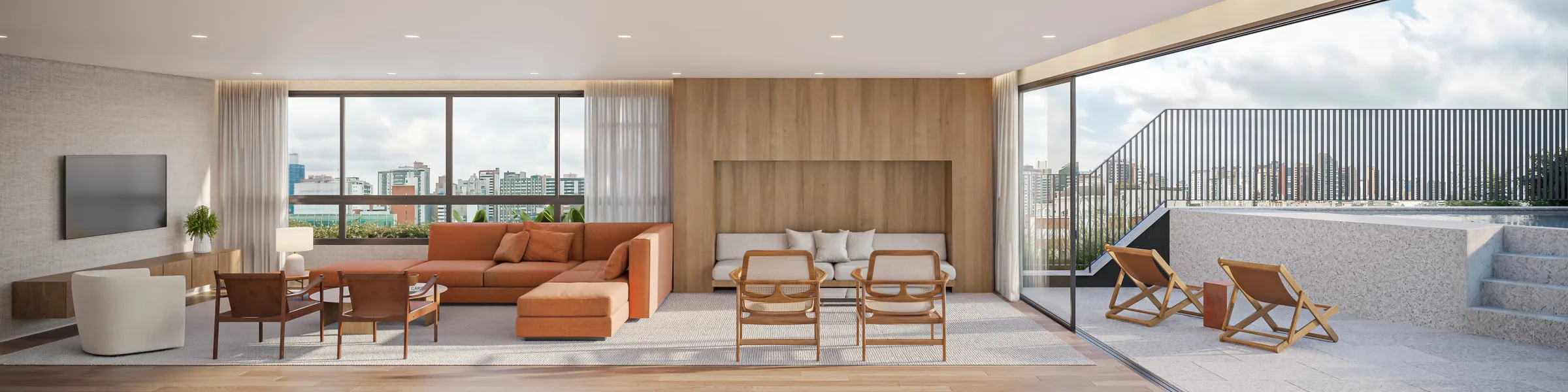 Sala com sofá laranja e terraço no ZAHI Taunay
