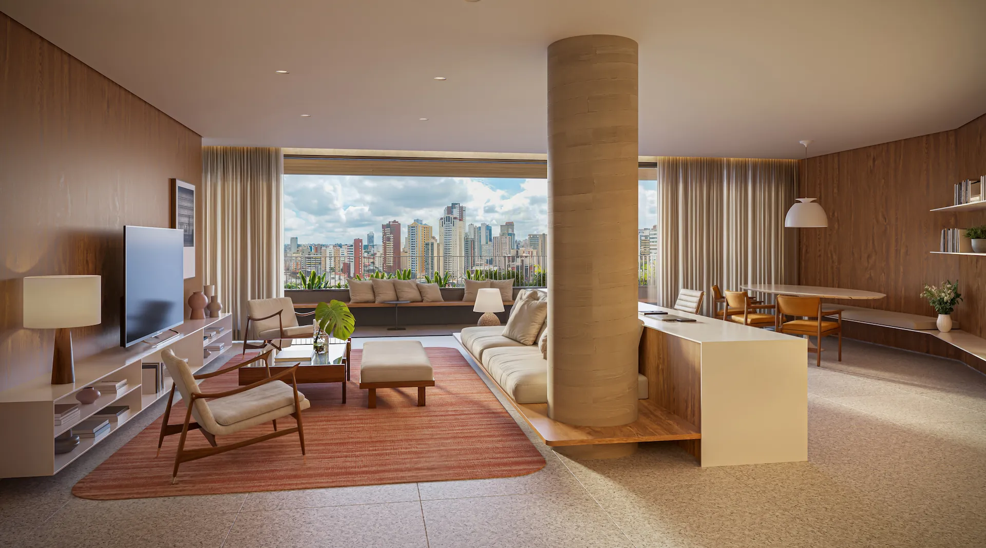 Living do duplex final 01 do ZAHI Taunay com vista da cidade