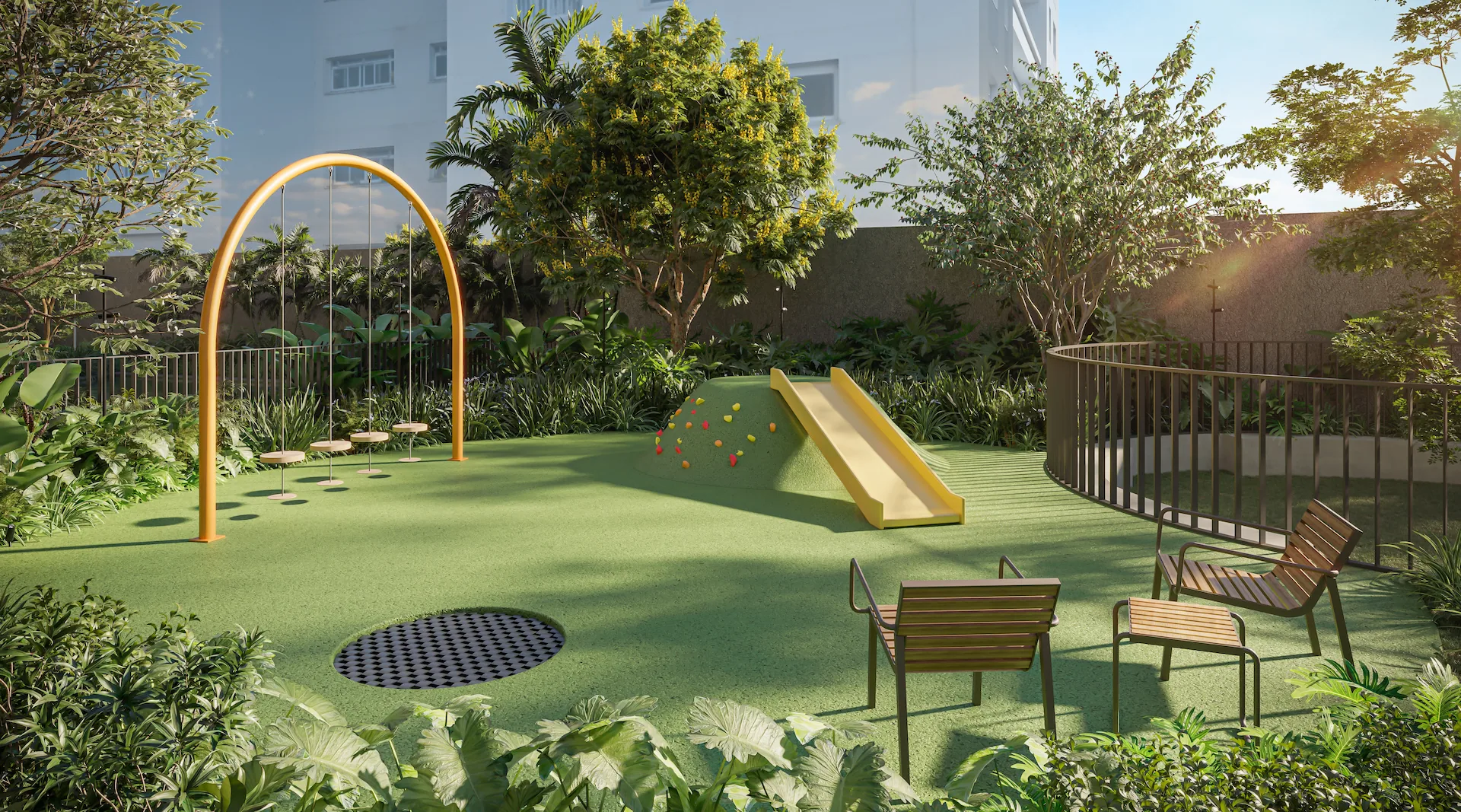 Playground e pet place do ZAHI Taunay com escorregador e gramado