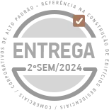 selo com o aviso que a entrega do empreendimento ocorre em 2°sem 2025