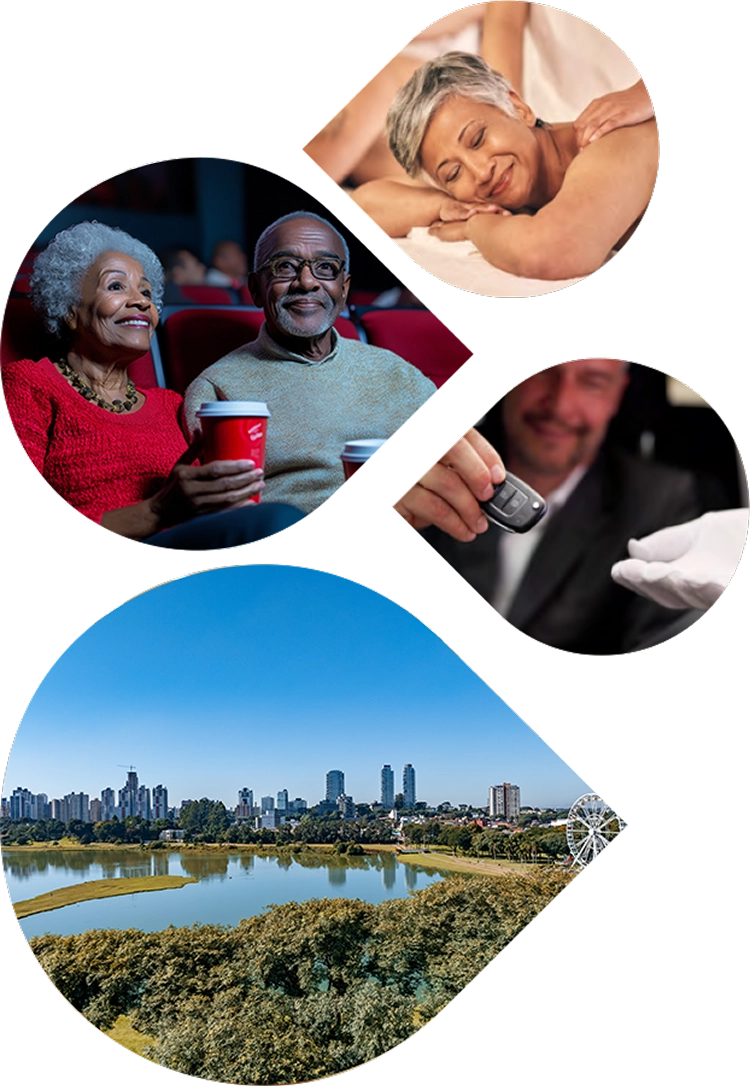 Mosaico de imagens com moradora em sessão de massagem, casal maduro no cinema, serviço de valet e vista do Parque Barigui em Curitiba, ilustrando bem-estar, conveniência e localização do residencial BIOOS Barigui