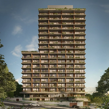 Fachada do BIOOS Barigui – torre residencial com varandas ajardinadas próxima ao Parque Barigui, empreendimento da Construtora Laguna em Curitiba