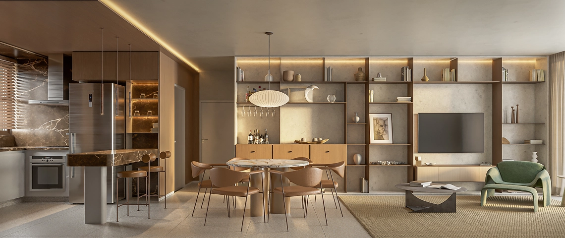 Área social da Residência Tipo A do BIOOS Barigui, com cozinha integrada, salas de jantar e de estar em tons terrosos e marcenaria planejada para o público 60+