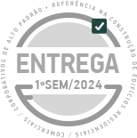 selo com o aviso que a entrega do empreendimento ocorre em 2°sem 2025