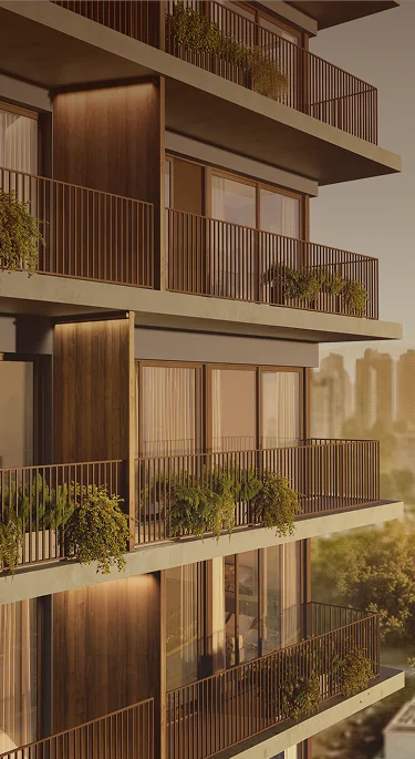 Fachada do empreendimento BIOOS Barigui, da Construtora Laguna, com varandas amplas, acabamento em madeira e vegetação integrada.
