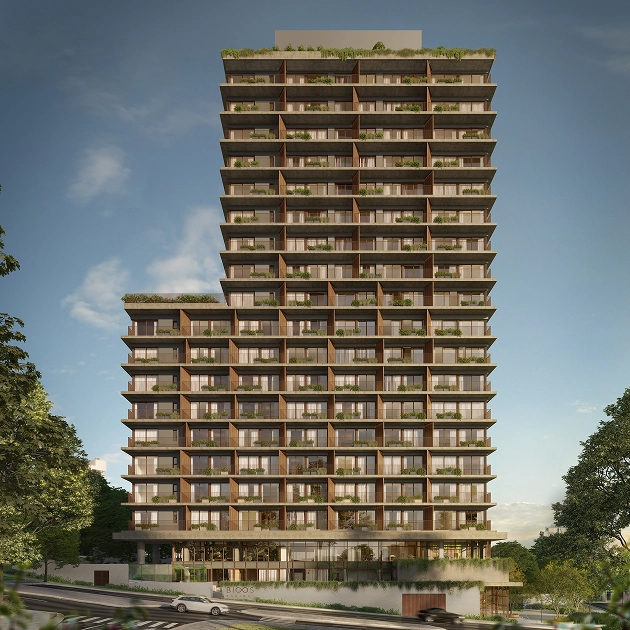 Fachada frontal do empreendimento BIOOS Barigui, da Construtora Laguna, com arquitetura contemporânea, varandas ajardinadas e integração entre natureza e design urbano.