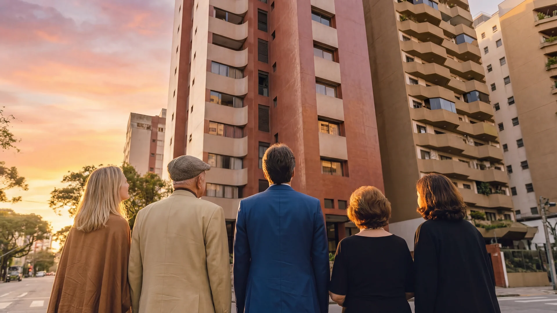 A família Raad de costas, olhando para o edifício ao entardecer — capa do filme dos 30 anos